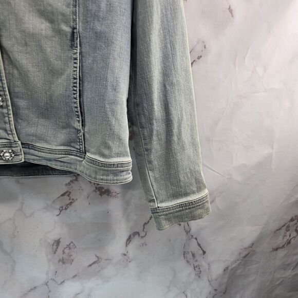 Chicos Denim Jacket Womens Small 0 Jean Faux Fur Collar Light Wash Stretch Bling - Picture 4 of 12